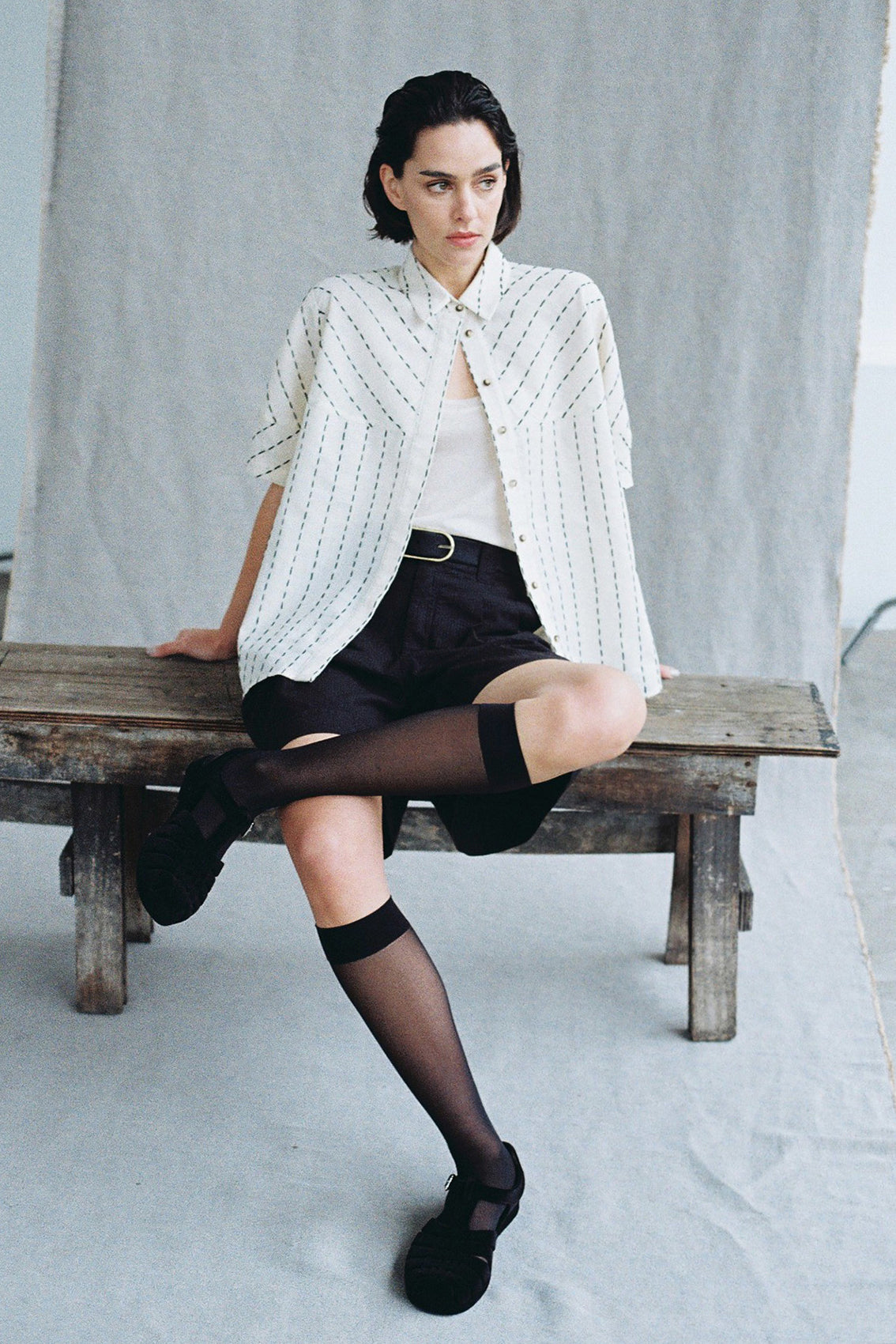 Blusa Manga Corta Algodón Pespuntes