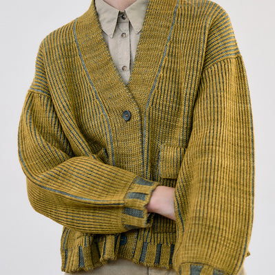 Hand-Dyed Contrast Merino Wool Cardigan - Mix Ocre