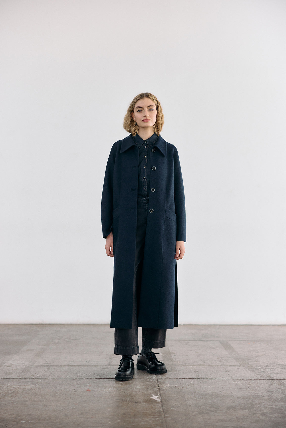 Collared Felted Alpaca/Wool Long Coat - Medianoche