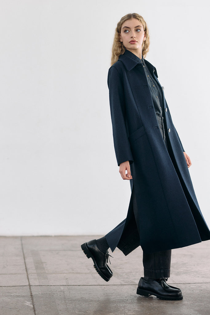 Collared Felted Alpaca/Wool Long Coat - Medianoche