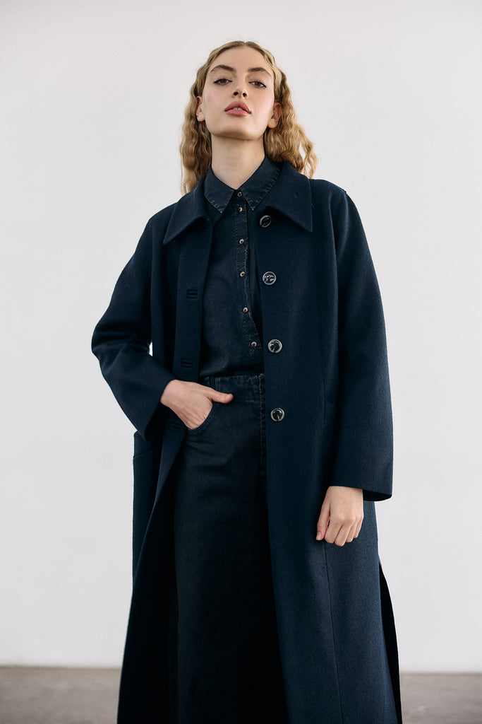 Collared Felted Alpaca/Wool Long Coat - Medianoche