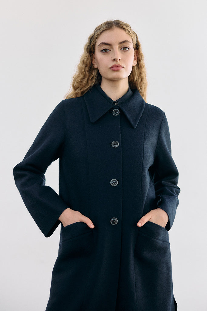 Collared Felted Alpaca/Wool Long Coat - Medianoche