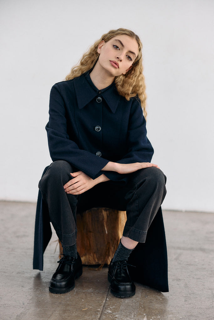 Collared Felted Alpaca/Wool Long Coat - Medianoche