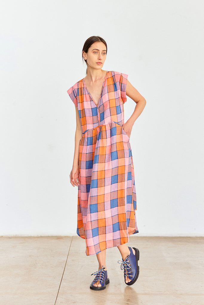 Checked V-Neck Relaxed Linen Dress