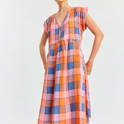 Checked V-Neck Relaxed Linen Dress