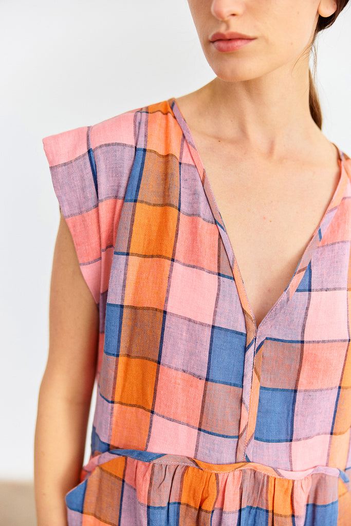 Checked V-Neck Relaxed Linen Dress