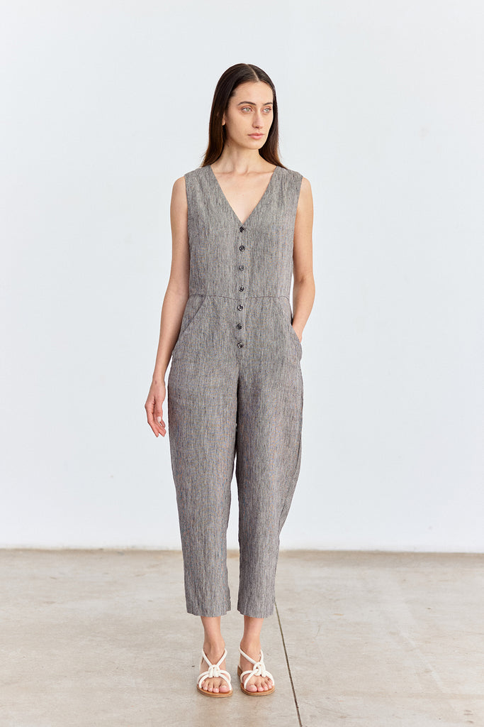 Buttoned Linen Jumpsuit - Grafito