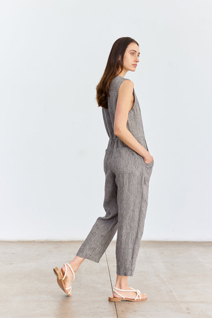 Buttoned Linen Jumpsuit - Grafito