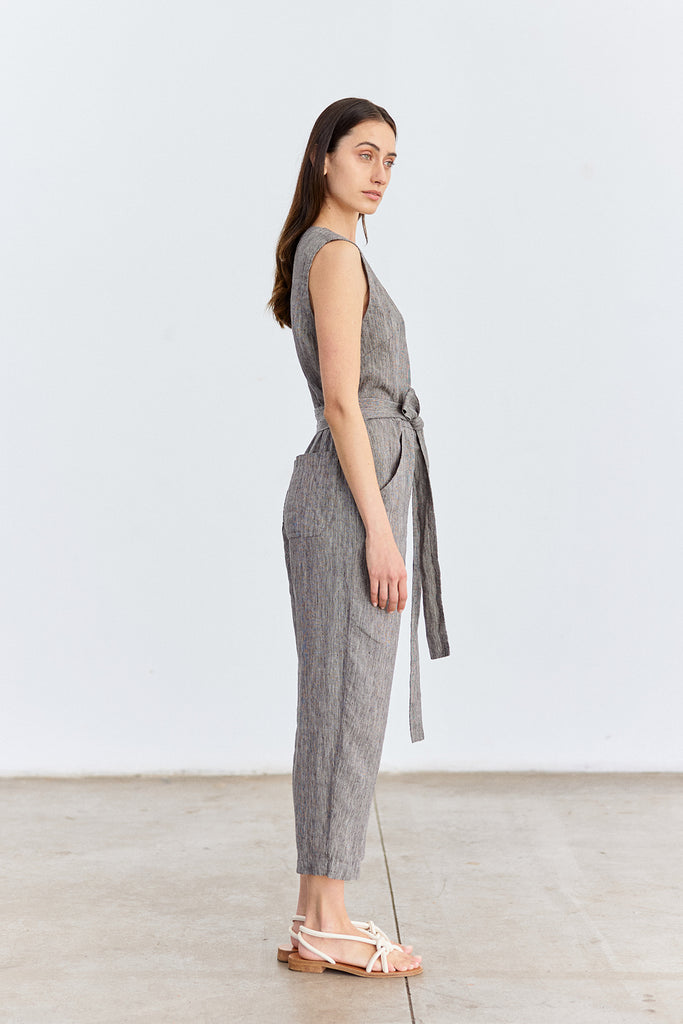 Buttoned Linen Jumpsuit - Grafito