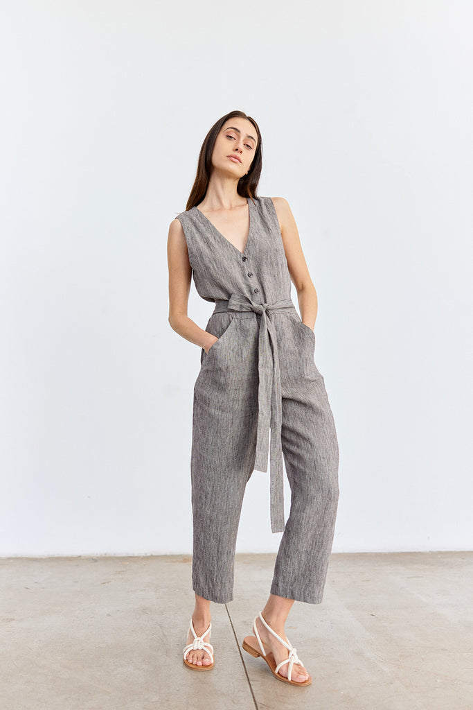 Buttoned Linen Jumpsuit - Grafito