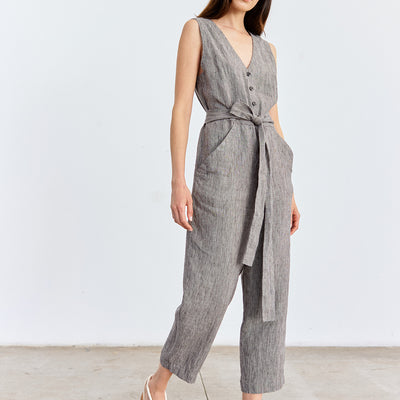 Buttoned Linen Jumpsuit - Grafito