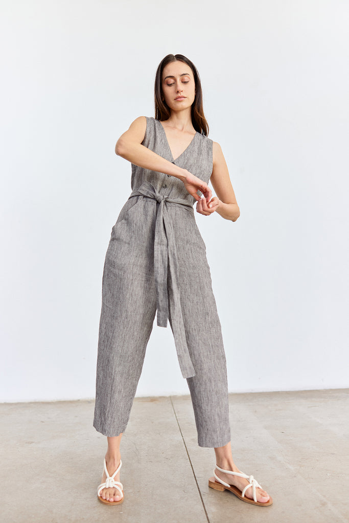 Buttoned Linen Jumpsuit - Grafito