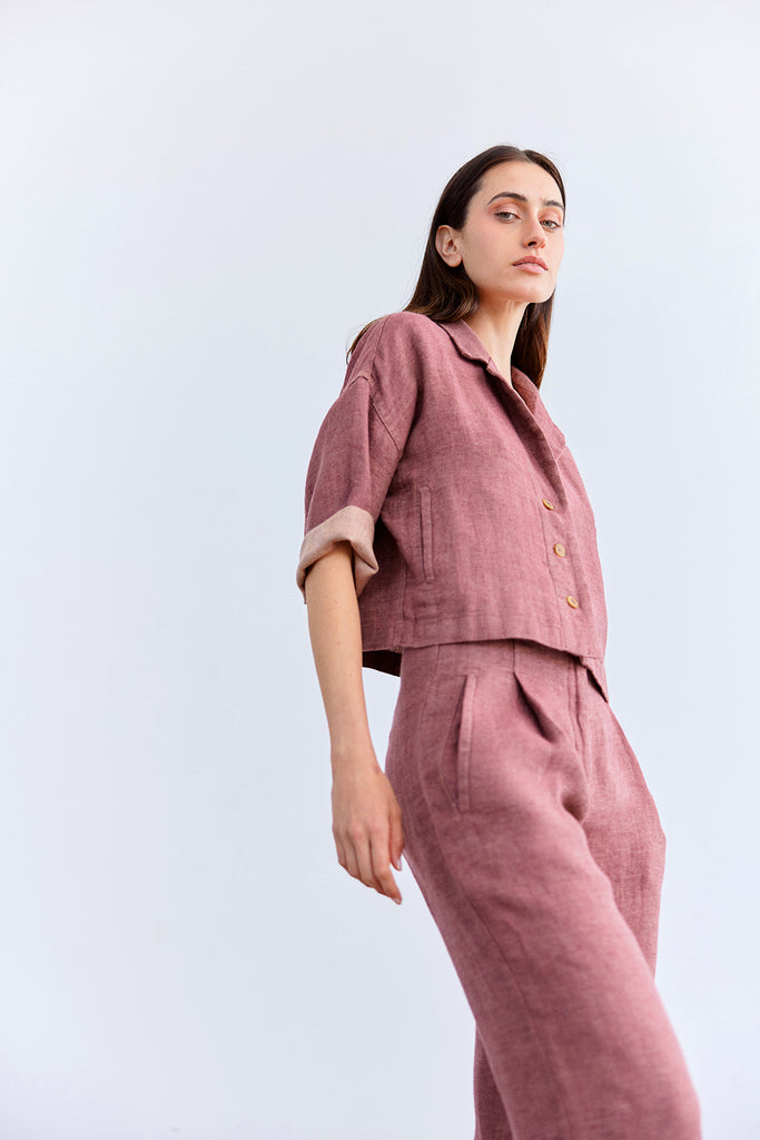 Cropped Linen Jacket - Ciruela