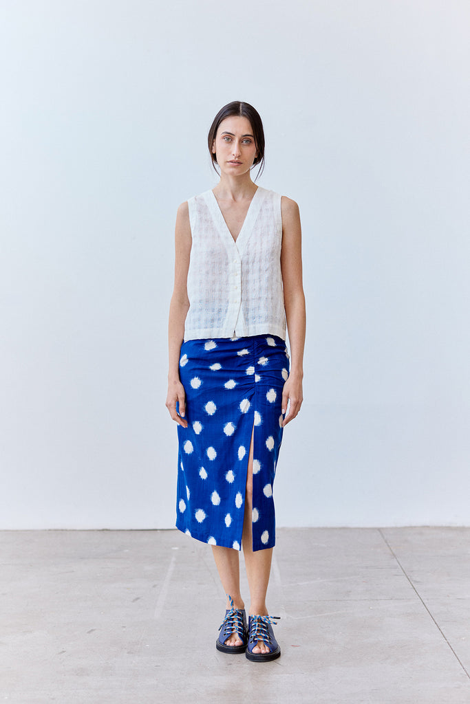 Gathered Pencil Skirt Ikat Cotton - Cobalto