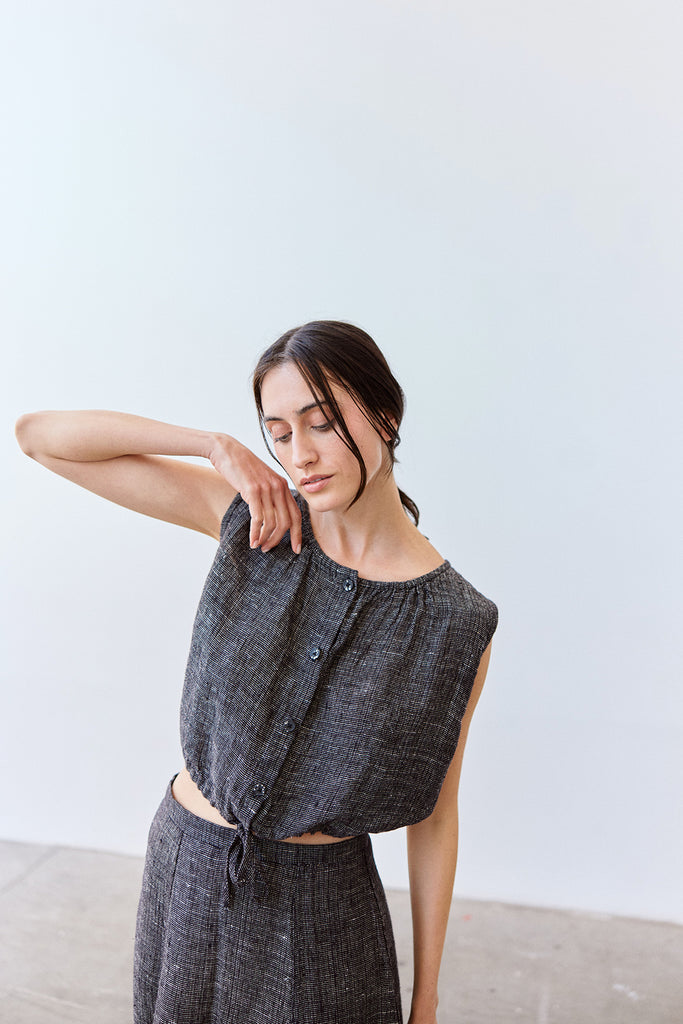 Adjustable Waist Buttoned Linen Top - Ónix Jaspeado