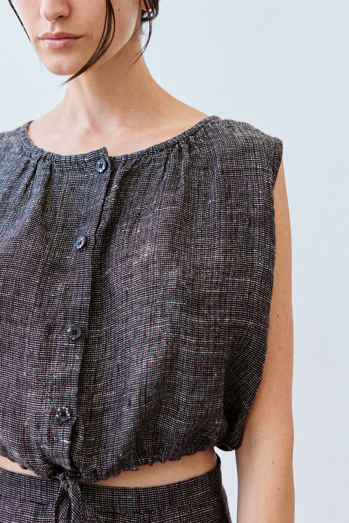 Adjustable Waist Buttoned Linen Top - Ónix Jaspeado