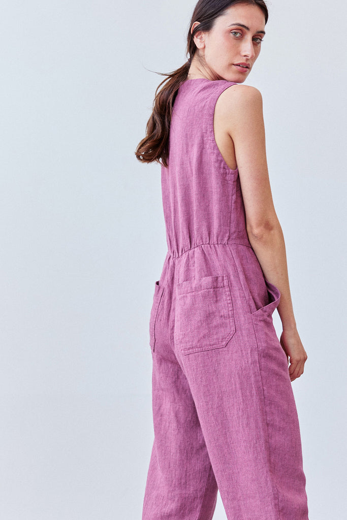 Buttoned Linen Jumpsuit - Ciruela