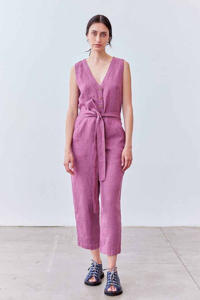 Buttoned Linen Jumpsuit - Ciruela