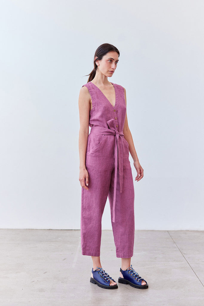 Buttoned Linen Jumpsuit - Ciruela