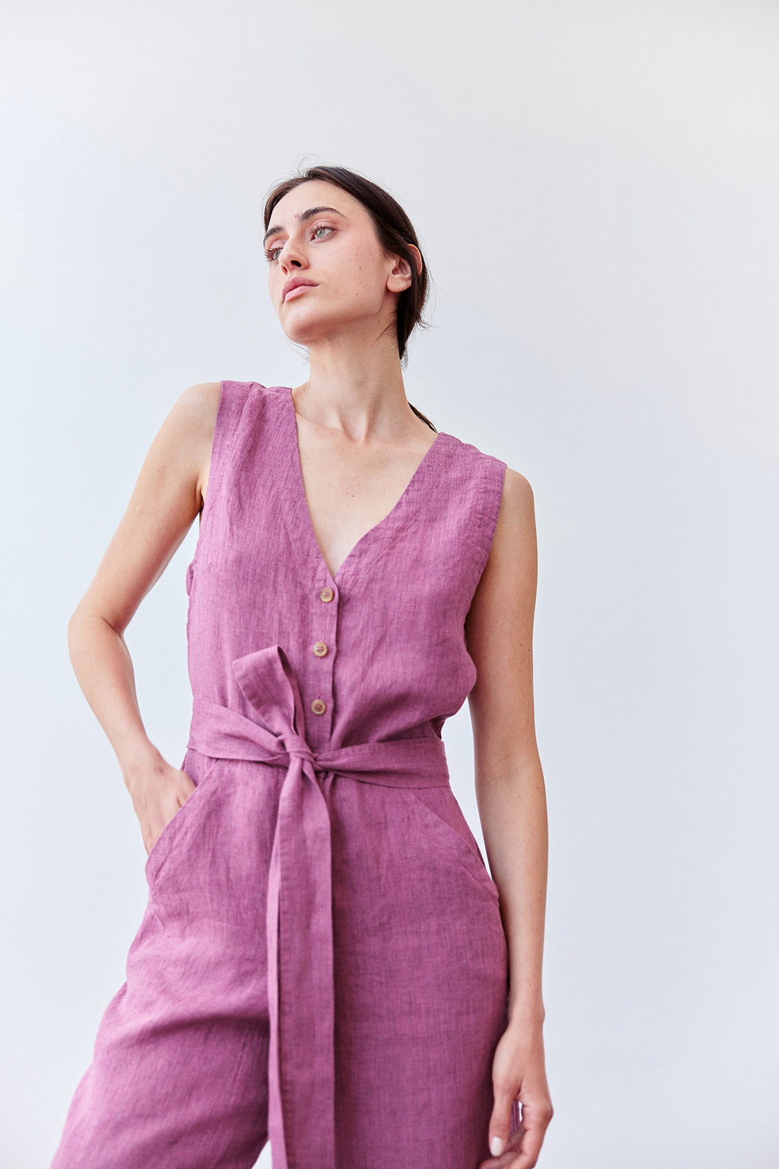 Buttoned Linen Jumpsuit - Ciruela