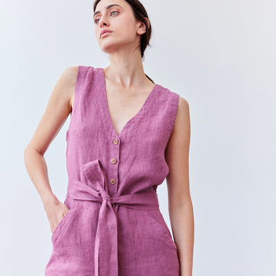 Buttoned Linen Jumpsuit - Ciruela