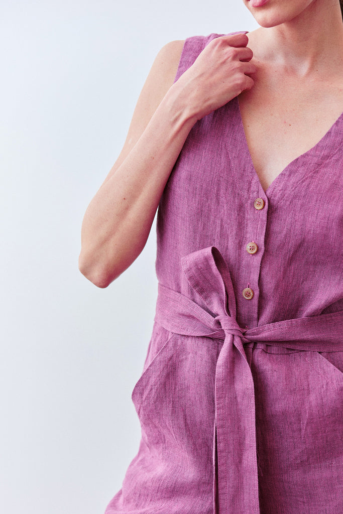 Buttoned Linen Jumpsuit - Ciruela