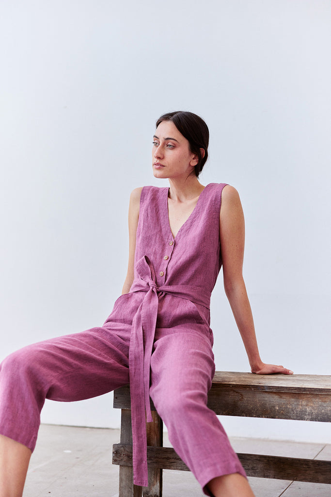 Buttoned Linen Jumpsuit - Ciruela