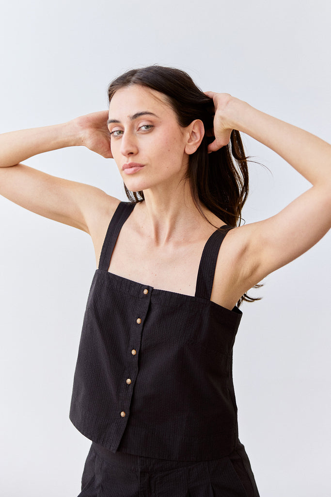 Cropped Buttoned Seersucker Cotton Top - Ónix