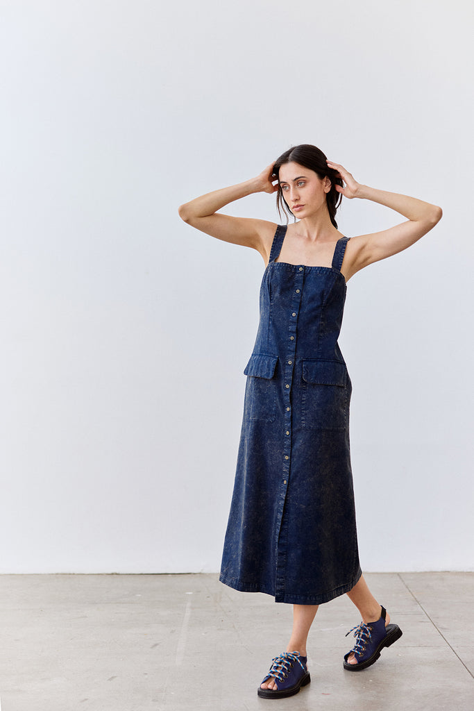 Buttoned Sleeveless Cotton Dress - Piedra Washed