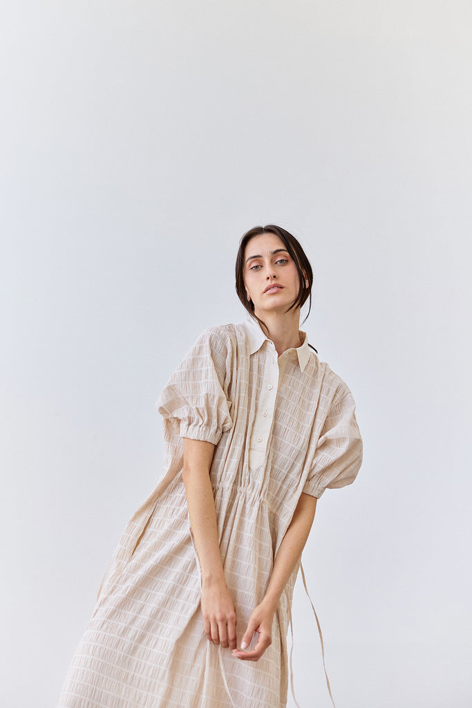 Smocked Cotton Shirt Dress - Crudo