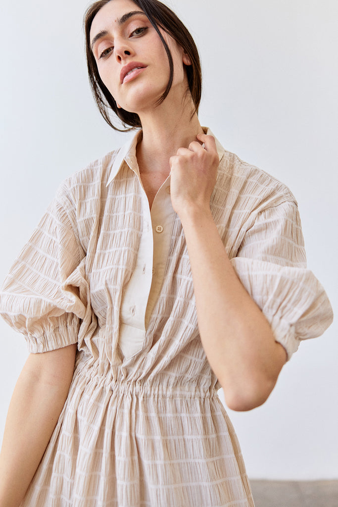 Smocked Cotton Shirt Dress - Crudo