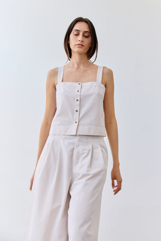 Cropped Buttoned Seersucker Cotton Top - Crudo