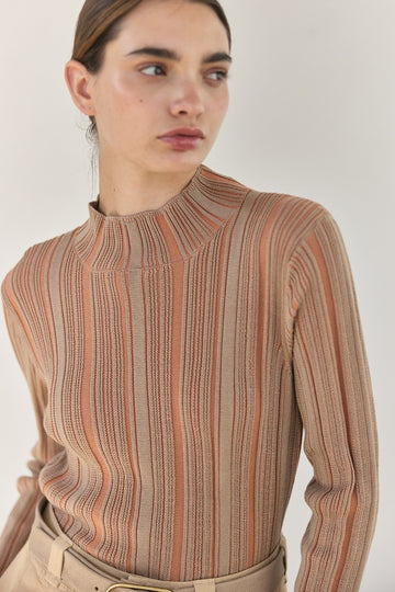 Pima Cotton Contrast Knitted Top - Sand/Copper