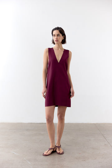 Vestido Escote V Punto Roma Corto - Vino