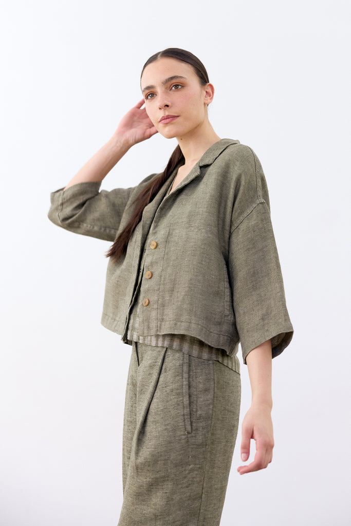 Cropped Linen Jacket - Musgo