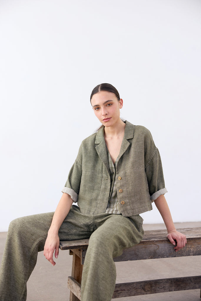 Cropped Linen Jacket - Musgo