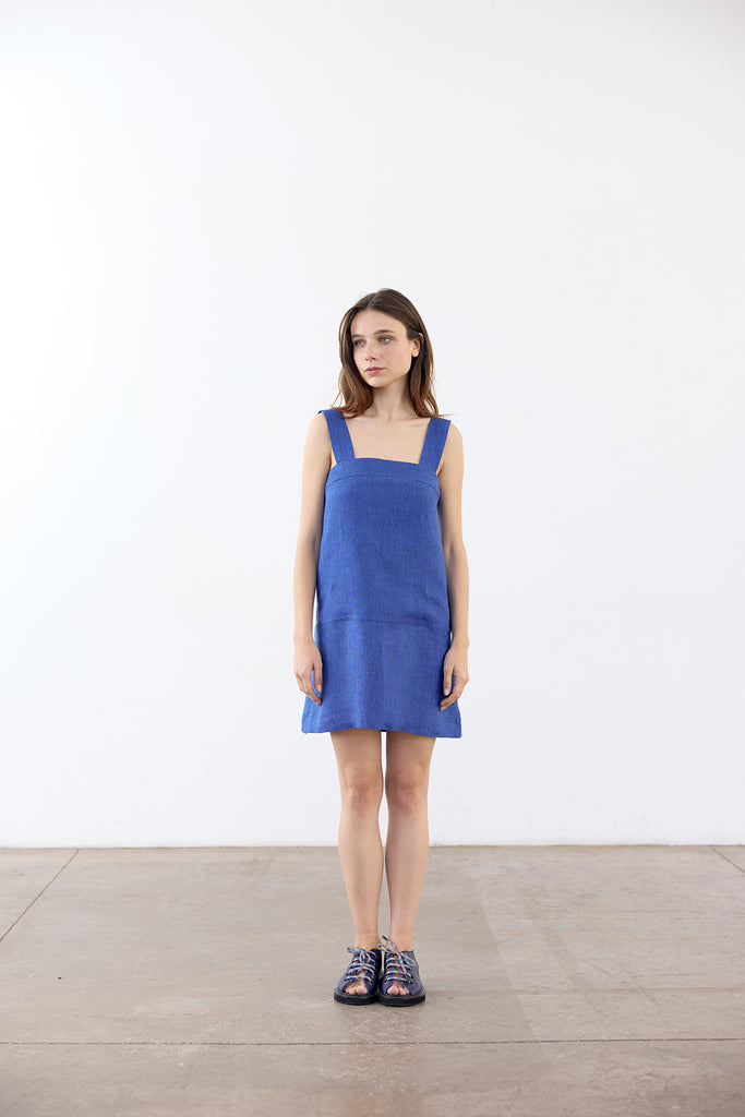 Paneled Short Linen Dress - Cobalto