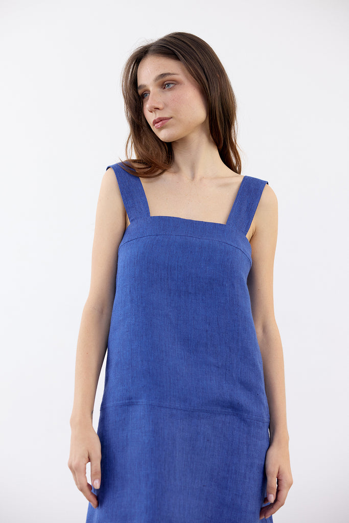 Paneled Short Linen Dress - Cobalto