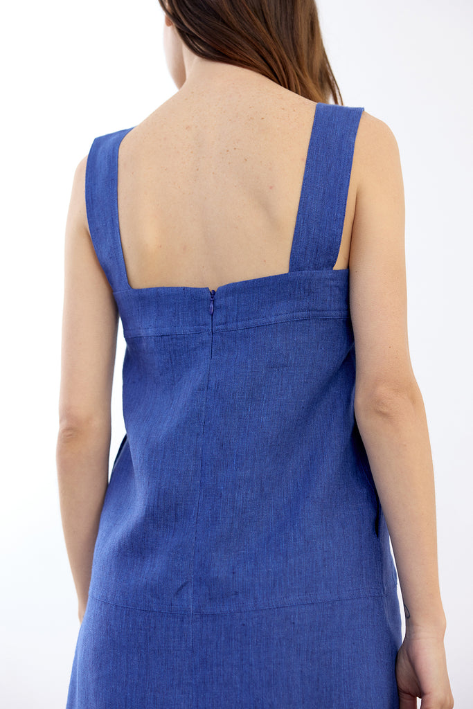 Paneled Short Linen Dress - Cobalto