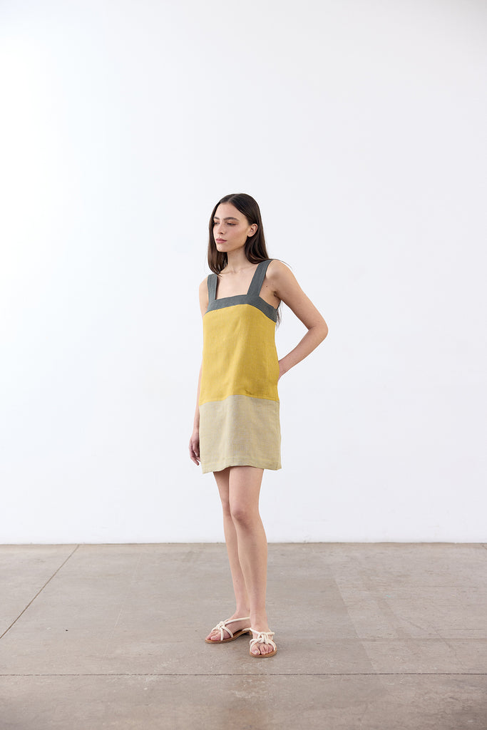 Color Paneled Short Linen Dress - Mix Río