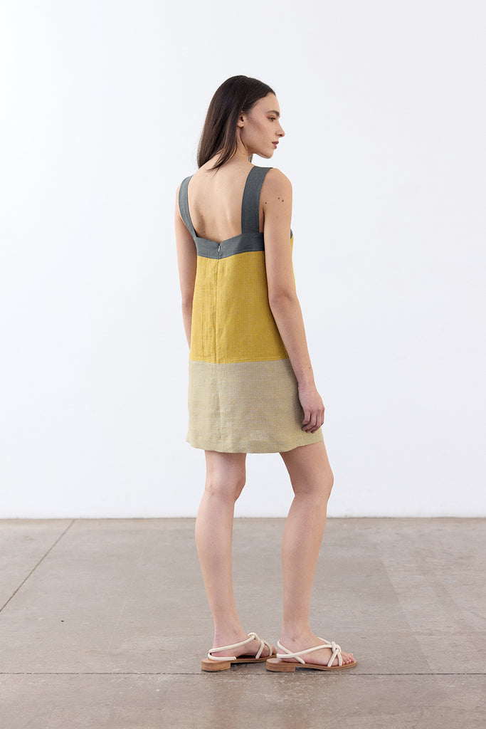 Color Paneled Short Linen Dress - Mix Río