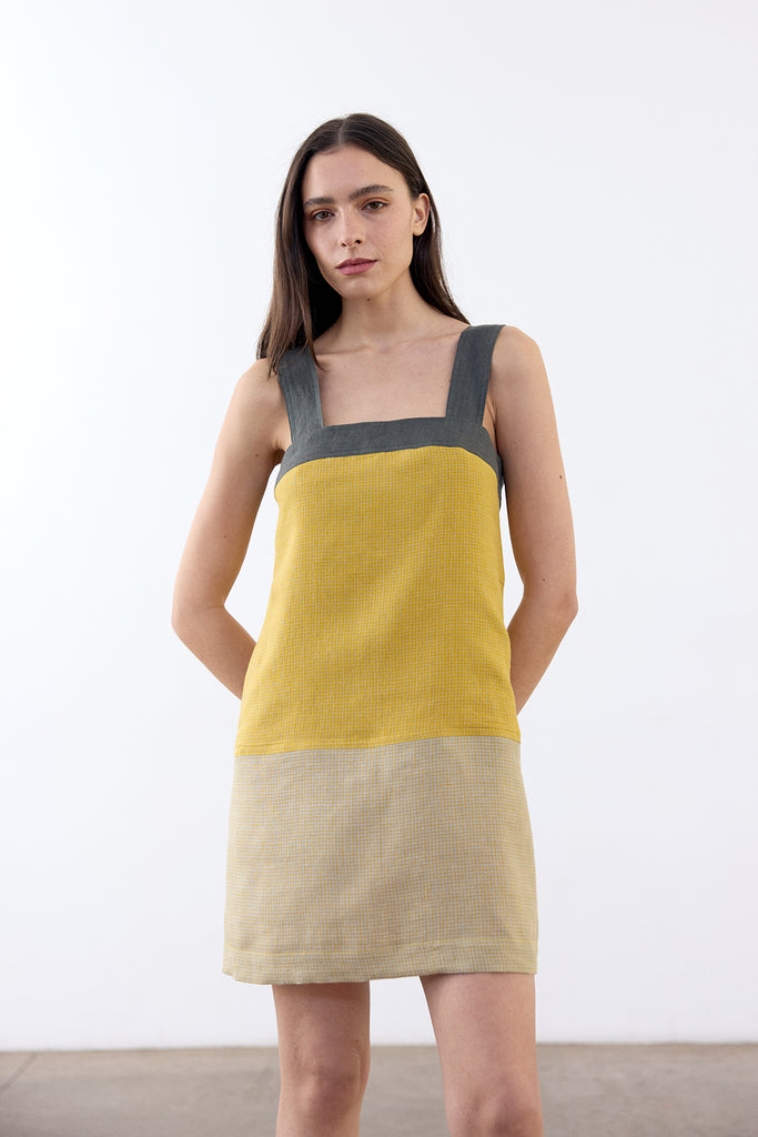 Color Paneled Short Linen Dress - Mix Río