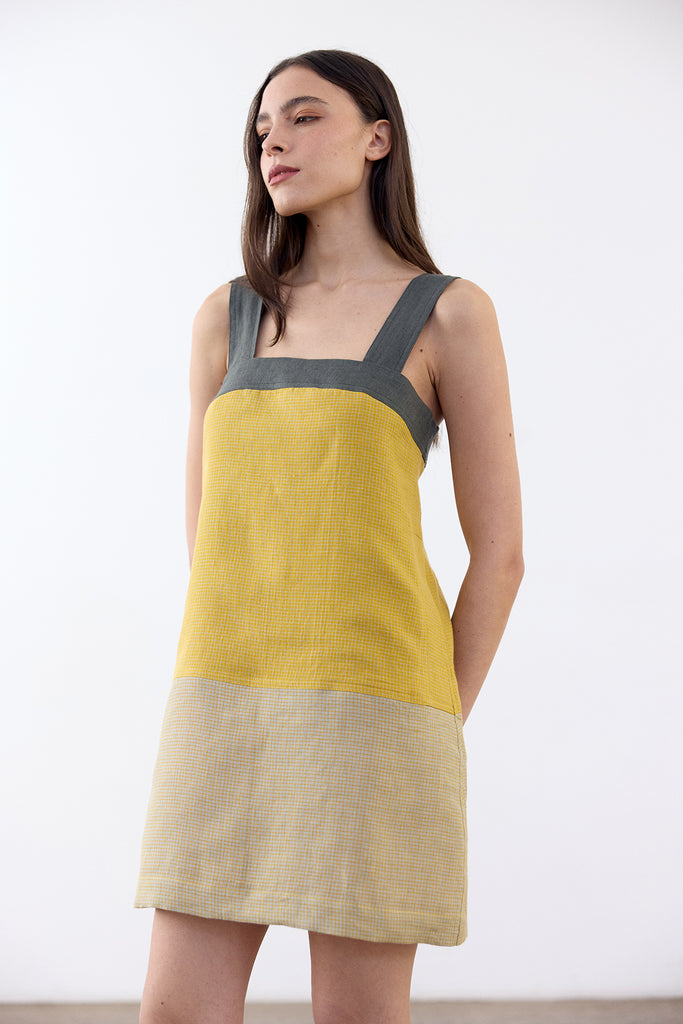 Color Paneled Short Linen Dress - Mix Río