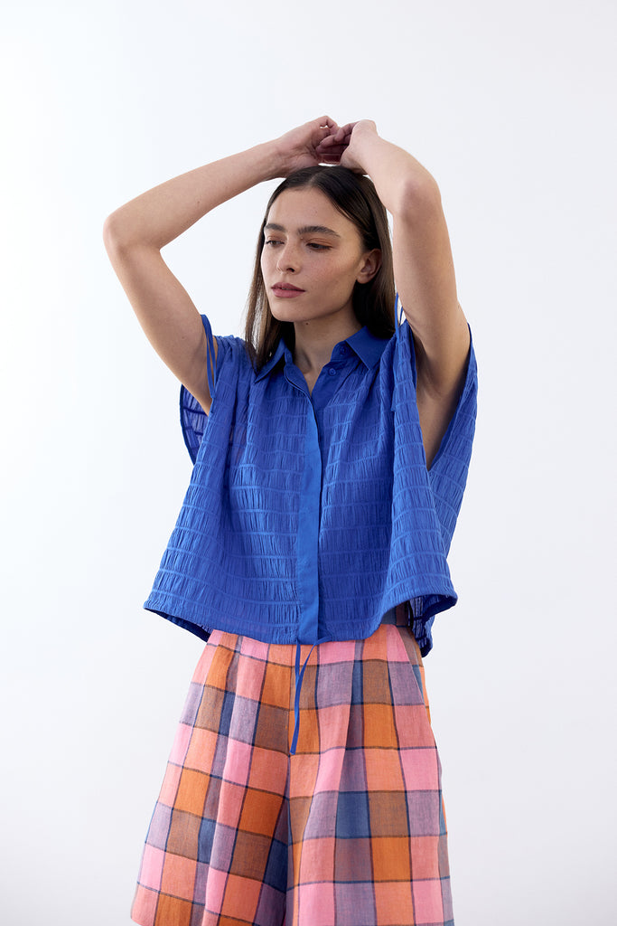 Smocked Cotton Shirt Top - Cobalto