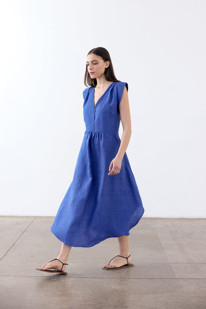 V-Neck Relaxed Linen Dress - Cobalto