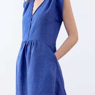 V-Neck Relaxed Linen Dress - Cobalto