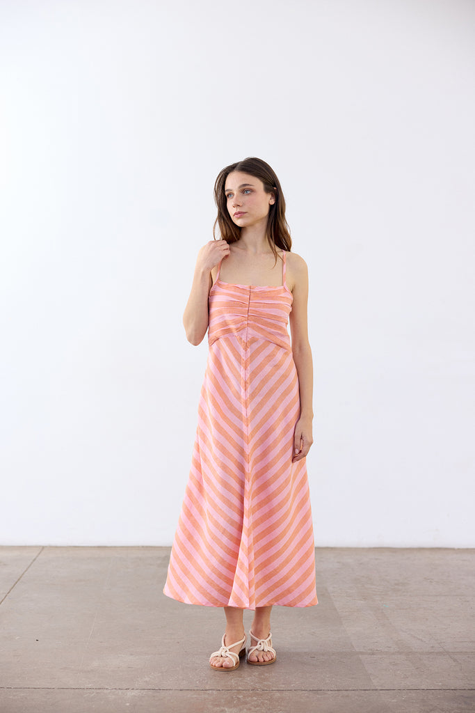 Striped Bias Cut Linen Dress