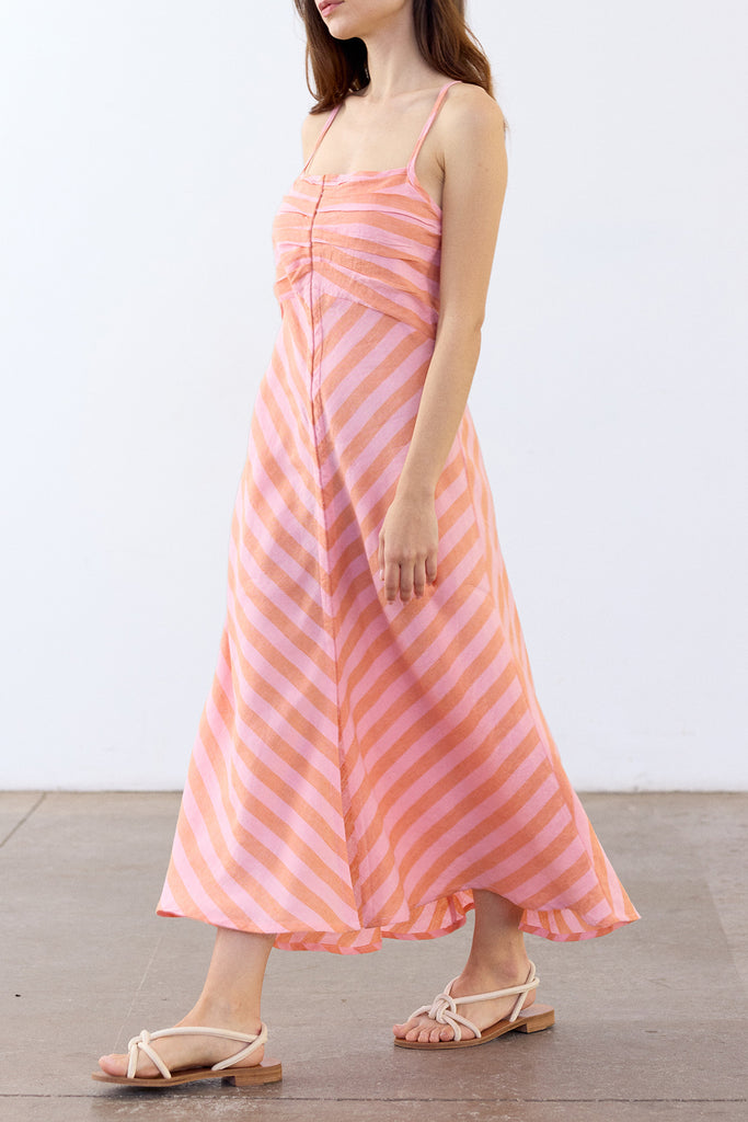 Striped Bias Cut Linen Dress