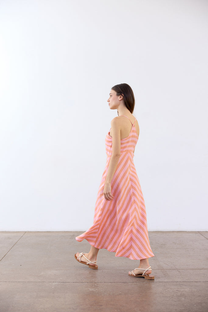 Striped Bias Cut Linen Dress