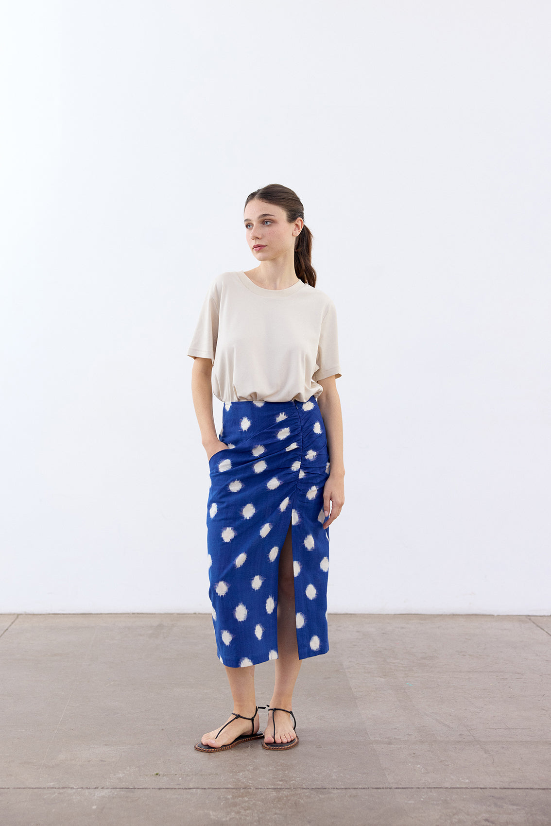 Gathered Pencil Skirt Ikat Cotton - Cobalto